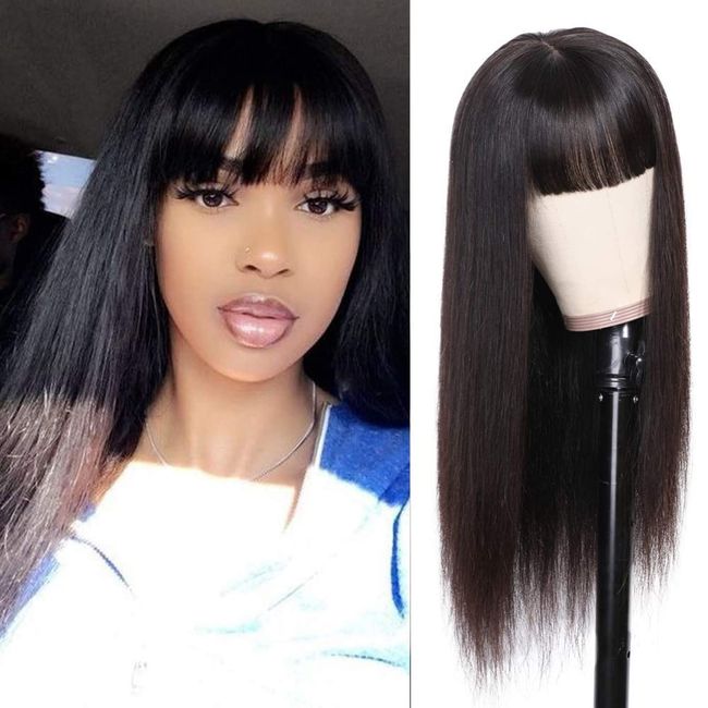 ISEE Straight Human Hair Wigs with Bangs 180% Density (18Inches) Glueless None Lace Front Wigs Human Hair Silky Machine Made Wigs for Black Women