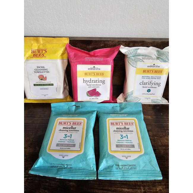 5 Burt’s Bees Hydrating Facial Towelettes, See Pics Watermelon, Pink Grapefruit.