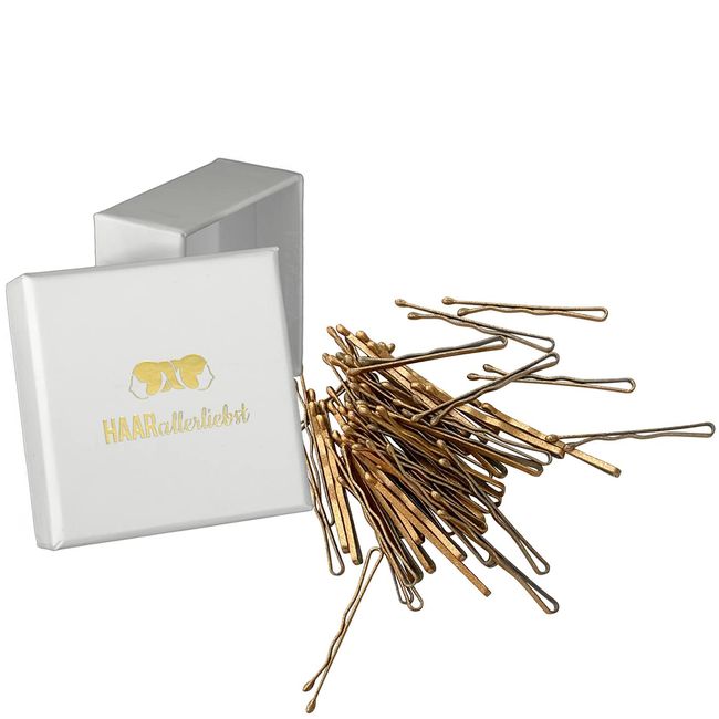 HAARallerliebst Haarklammern klein Bobby Pins mini (50 Stück | glitzer gold | 3,4cm kurz) für blonde Haare inkl. Schachtel zur Aufbewahrung