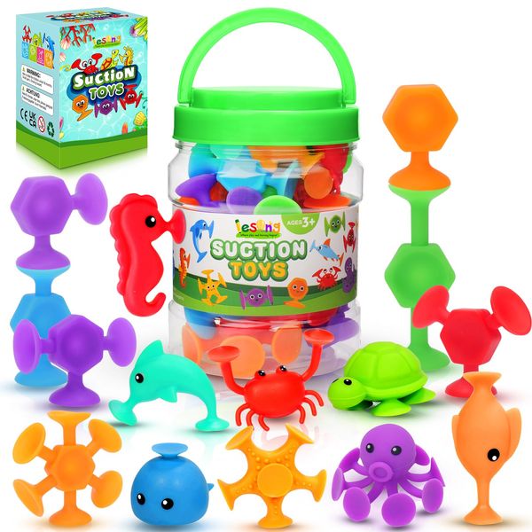 Suction Bath Toys for Kids - 24 Silicone Ocean Animals Suction Toys with Storage, Sensory Window Toys for Toddlers, Suitable for Indoor, Outdoor, and Travel Toys, Autism Toy Gifts, and Party Favors