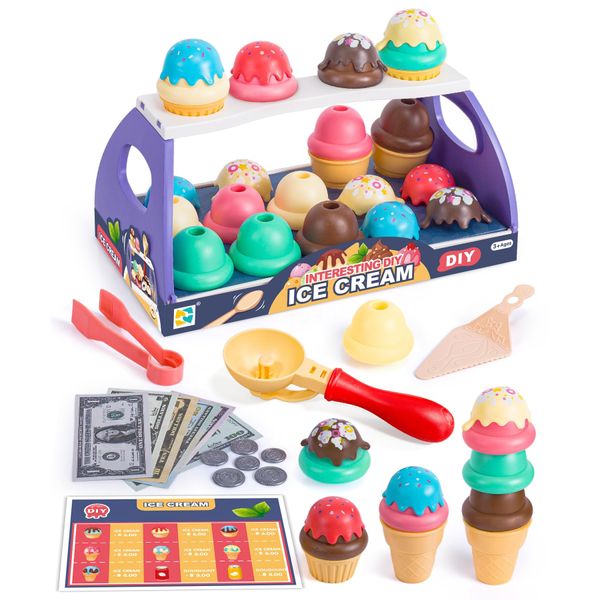 GKKBSJ Ice Cream Toy Play Set for Kids, 41Pcs Toddler Ice Cream Shop Cart Truck, Birthday Christmas Easter Toys Gift for 3 4 5 6 Year Old Girl Boy, Pretend Play Grocery Store Kitchen Food Accessories