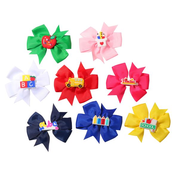 WRBAJIS 8Pcs Back to School Bow Hair Clips School Bus Pencil Hair Barrettes Grosgrain Ribbon Hair Bows Hair Accessories for Women Girls First Day of School Welcome Party Favors Gift