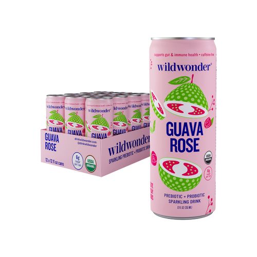 Wildwonder Sparkling Probiotic Juice Drink w/ Gut Health Immunity & Digestion Support, w/ 5g Fiber & Live Probiotics, Caffeine Free, Organic, Vegan, Low Sugar & Calorie, 12pk 12oz Can Guava Rose