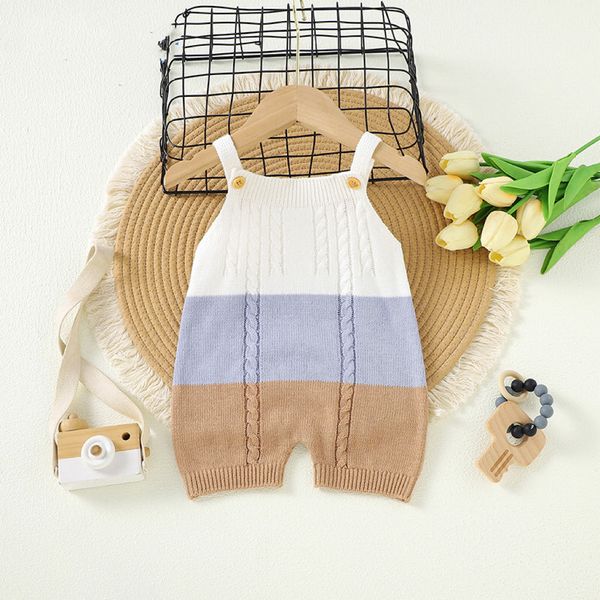 Baby Colorblock Pattern Sling Knitwear Summer Romper - 66 (3-6M) / Blue