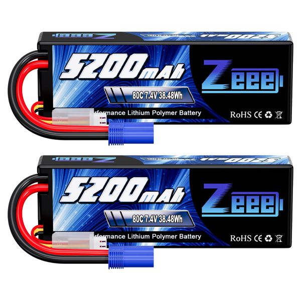 Zeee 2S Lipo Battery 7.4V 5200mAh 80C Hard Case Battery with EC5 Plug Compatible with 1/8 1/10 RC Vehicles Car Slash RC Buggy Truggy RC Airplane Drone(2 Pack)