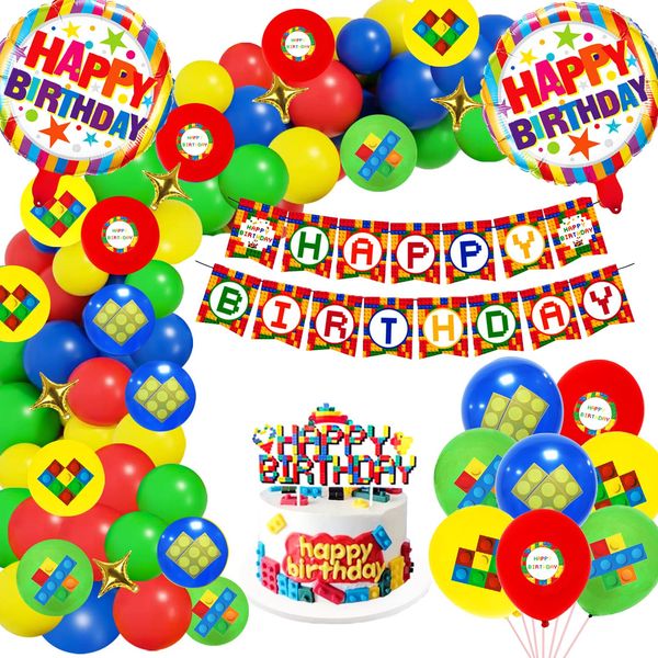 Building Block Birthday Party Supplies Set 85Pcs,Building Block Party Decorations,Bricks Balloons Cake Toppers,Birthday Banner,Bricks Decorations Set for Boys,Colorful Birthday Decorations