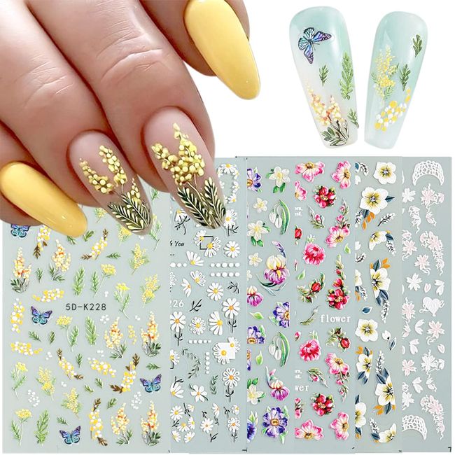 5D Flowers Nail Art Stickers, 6 Sheets 5D Embossed Nail Decals Spring Daisy Nail Art Design Mimosa Rose Floral Decoration for Nails Self Adhesive Butterfly Nail Stickers