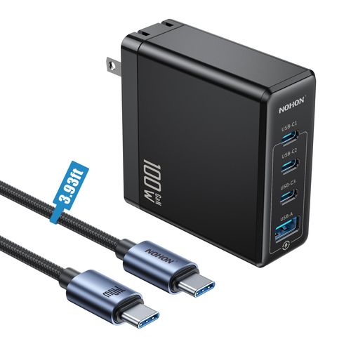 NOHON USB-C Fast Charger Adapter: 100W PD 3.0 GaN Wall Block | Foldable Plug with 140W PD3.1 Type-C Cable 3.93ft | 3-Port Compatible with MacBook Pro ipad Laptop iPhone 12 13 14 15 Galaxy S23