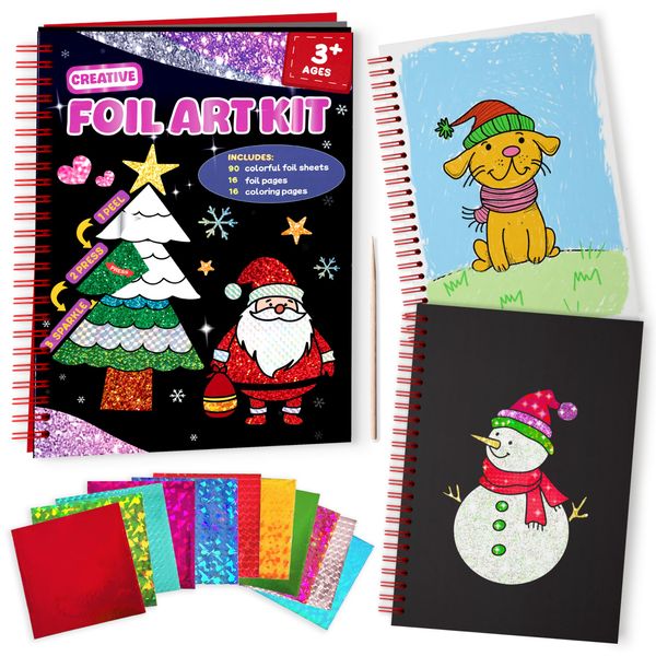 Creative Foil Art Kit for Kids - Christmas Themed Craft Set with 90 Foil Sheets & 18 Cards - Fun DIY Activity for Ages 3-9 - Perfect Holiday Gift, Mess-Free Crafting & Creative Play