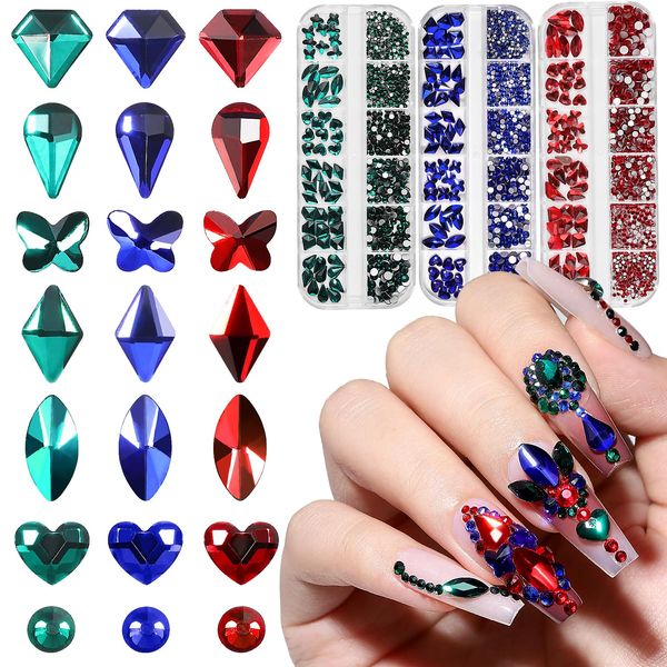 YOKE FELLOW Nail Art Rhinestones - Multi Shapes 3D Glass AB Crystal Rhinestones for Nails Jewelry Diamond for Nail with Flatback Round Bead Nail gems and Rhinestones Kit