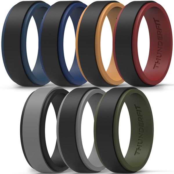 ThunderFit Silicone Wedding Rings for Men, 2 Layers Step Edge - 10mm Width - 2.3mm Thick (Black Teal, Grey Black, Black Orange, Black Grey, Black Red, Black Green, Black Blue - Size 10.5-11 (20.6mm))