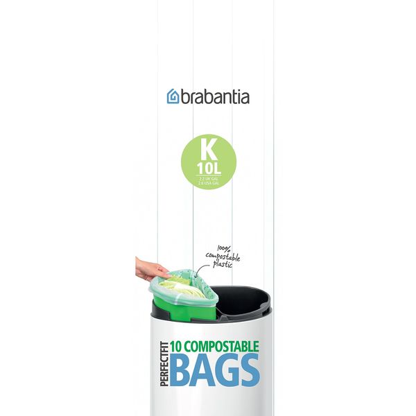 Brabantia 364983 Food Waste Caddy Compostable Bin Liners, 10 L (x10), Code K, White