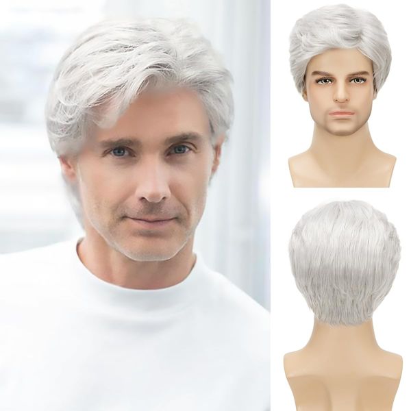 Sabosi Men's White Wigs Short Wigs Natural Looking Heat Resistant Synthetic Hair with Adjustable Cap Black 180g