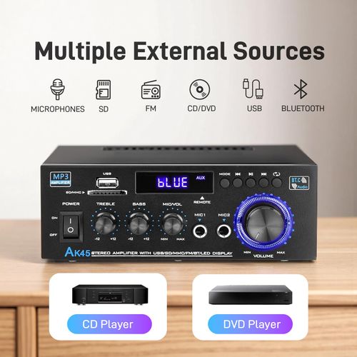 AK45 Stereo Home Audio Amplifier with 5.0 Bluetooth Receiver, 300W+300W Bluetooth HiFi AMP Power Amplifier 2.0 Channel RMS 40W x 2 Home Stereo System Remote Control Amp W/MIC,USB, RCA,FM Radio