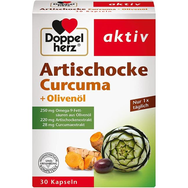 Doppelherz Artichoke + Olive Oil + Curcuma - Herbal Dietary Supplement with Artichoke & Turmeric Extract as well as Omega 9 Fatty Acids - 1 x 30 Capsules