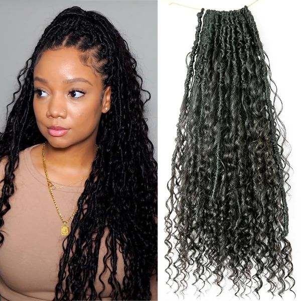 Crochet Bohemian Locs With Human Hair Curls Knotless Pre Looped Goddess Boho Soft Dreadlocks Braiding Hair Faux Braids Hair for Black Women Meadow Hair 18inch 72locs