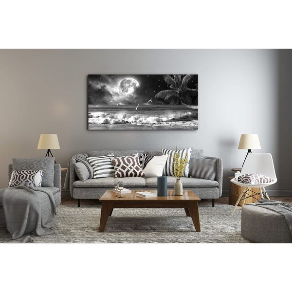 Yxbhhym large Black and White Wall Art Beach Canvas Print Art Moon Ocean Pictures Sea Paintings Seascape Poster Landscape Palm Artwork for Wall Art Living Room Home Decoration Framed-24x48inches