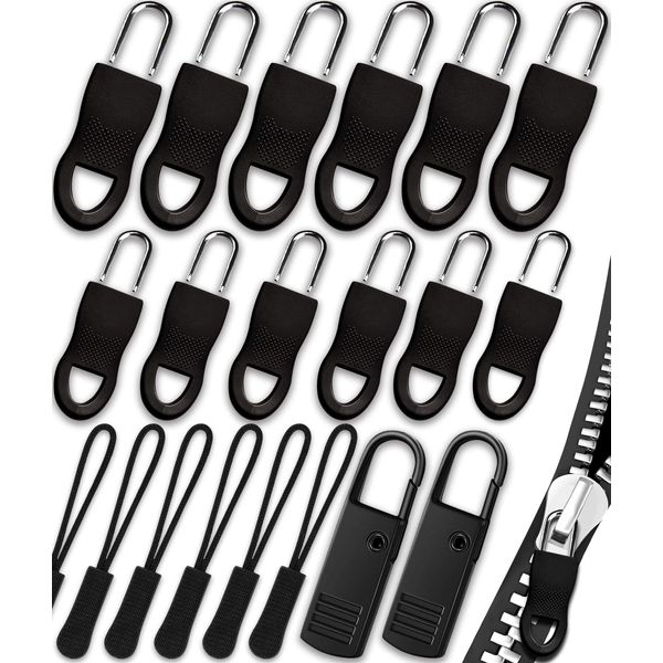 Zipper Pull, Universal Zipper Pull Replacement Kit, Removable Zipper Pulls Tab Replacement (20 Pcs), Black Zipper Pulls for Jackets, Luggage, Backpacks, Purses, Boots, Pants, Tents, (3 Styles 4 Sizes)