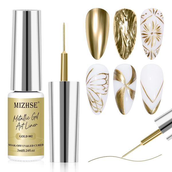 MIZHSE Gold Gel Nail Polish, Liner Nail Gel Polish Metallic Gel Nail Polish Painting Gel UV/LED Gel For French Manicure Liner Nail Art Design Drawing Polish Gel for Home DIY Nail Salon