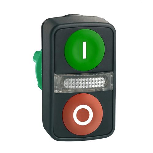 Schneider Electric ZB5AW7A3741 Harmony XB5 Illuminated Double-Headed Push-Button Head, Dark Grey Plastic Bezel, Ø22, 1 Green Flush Marked I, 1 Pilot Light, 1 Red Flush Marked O
