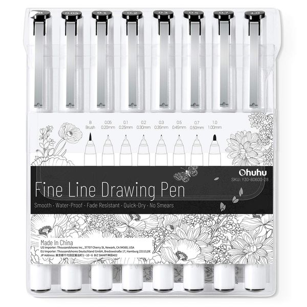 Ohuhu Fineliner Pen, Set of 8 Pack Ultra Drawing Pens, 8 Assorted Tip Sizes, 7 Fine Tip Markers & A Brush Pen, Black Ink Fine Line Pen for Drawing Details & Artist Illustration, Sketching, Manga