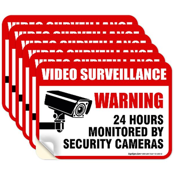 24 Hour Video Surveillance Sign, 6 Pack, 4 Mil Sleek Vinyl Decal Stickers Weathe