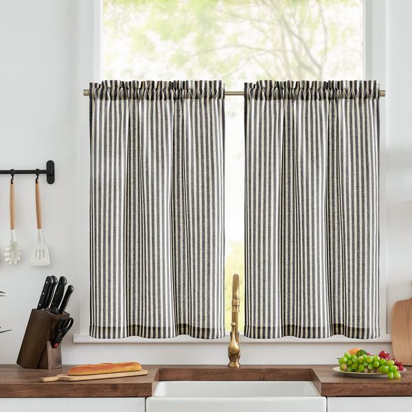 jinchan Kitchen Curtains Striped Tier Curtains Ticking Stripe Linen Curtains Pinstripe Cafe Curtains 36 Inch Length for Living Room Bathroom Farmhouse Curtains Rod Pocket 2 Panels Black on Beige