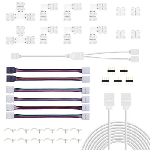 REDTRON LED Light Connector Kit, 10mm RGB LED Connector Includes L Shape Connectors,T Shape Connectors,2M LED Strip Light Extension Cable,Strip to Strip Jumpers,4 Pin Male Connectors
