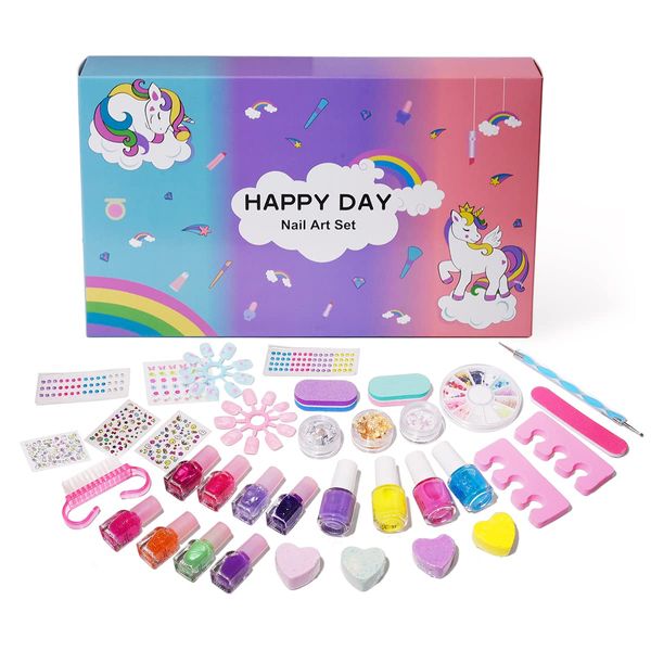 Nail Art Kit with Non-Toxic Nail Polish for Girls, 34Pcs Kids Nail Design Tool Set with Peel-off Nail Polishes, Dotting Pen, False Nail, DIY Sticker, Nail File and More, Nail Decoration Gift for Girls Age 6-15