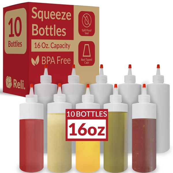 Reli. Plastic Squeeze Bottles, 16 oz. | 10 Pack | Condiment Squeeze Bottles for Sauces | Clear w/Red Tip Cap | 16 Ounce Hot Sauce, Ketchup Bottles | Squirt Bottles for Condiments, Olive Oil, Glue