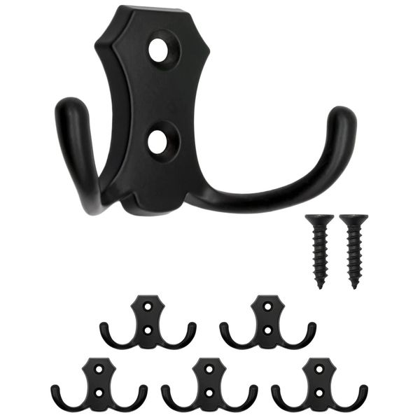 FUXXER® Classic Coat Hooks, Clothes Hooks, Double Hooks, Kitchen Hooks, Iron Design, Set of 5 (Black)