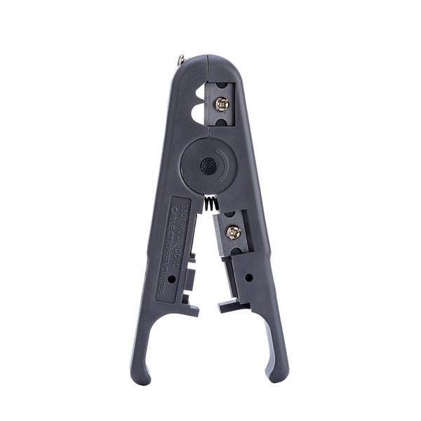 Multi-functional tool with round cable stripper, cable cutter, flat cable stripper, rotating blade adjustable to fit different insulation thicknesses