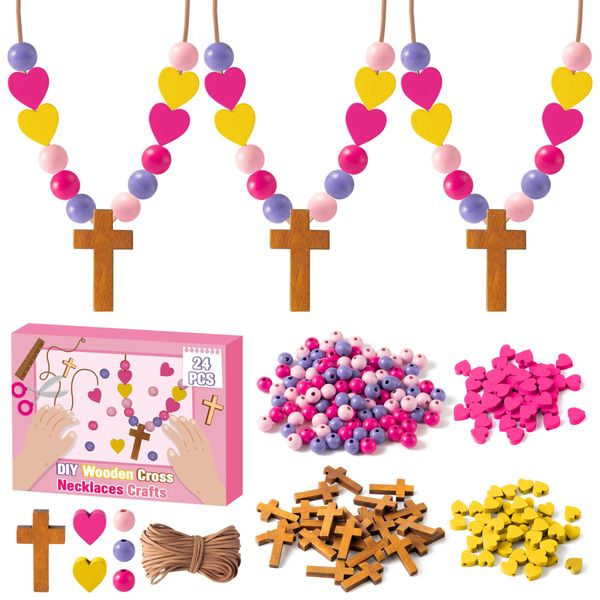 BeYumi Wooden Cross Necklace Craft - 24Pcs Valentine’s Day Wooden Cross Beads Necklace Craft Kit for Kids DIY Cross Necklace Christian Religious Love Decor Sunday School Classroom Party Fun Activities