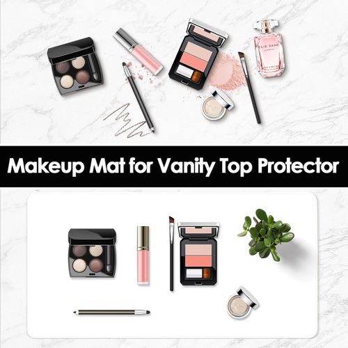 TOHONFOO Makeup Mat for Vanity to Protect Vanity Desk Top, Dual-Sided Vanity Mat, Easy to Clean Vanity Desk Mat - Vanity Makeup Pads Waterproof and Oilproof, 23.6 x 11.8 in (White and Khaki)