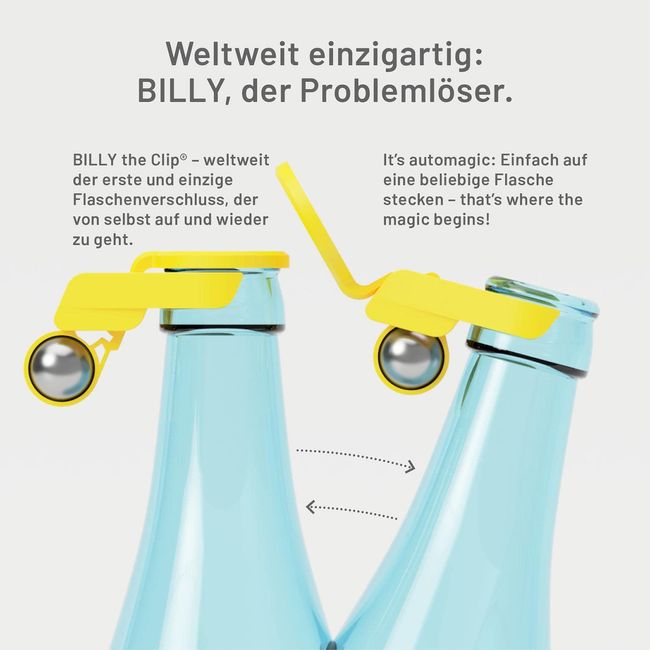 BILLY the Clip Flaschenverschluss - das ORIGINAL (patentiert) - Smarter & automatischer Flaschendeckel - Bierflaschenverschluss - Wiederverwendbarer Flaschen Verschluss mit Insektenschutz 5x (Mix)