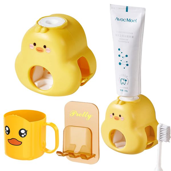 Zahnpastaspender Kinder Ohne Bohren Sonwaha Toothpaste Dispenser Kids,Zahnpasta Spender Automat Kinder mit Tasse Zahnbürstenhalter Kinder Kleine Gelbe Ente