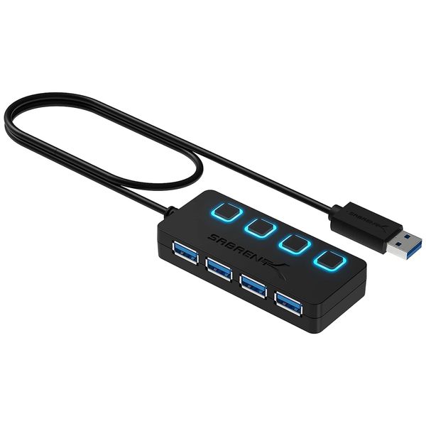 SABRENT USB Hub 3.2x1, USB Adapter, USB Verteiler, USB 3 Hub mehrfach Verlängerung mit EIN/AUS-Schaltern und langes Kabel, für PS5, PC, Laptop, USB Stick, Drucker, MacBook und mehr (HB-UM43)