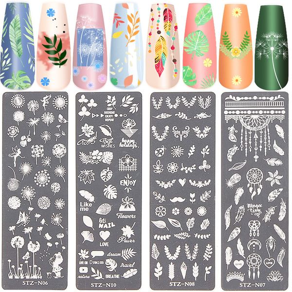 NICENEEDED Nail Art Stamping Plates Image Template Included 4 Pcs Nail Plates Nail Stamp Templates with Leaves Dreamcatcher Feather Dandelion Patterns Image Plates for DIY Nail Design