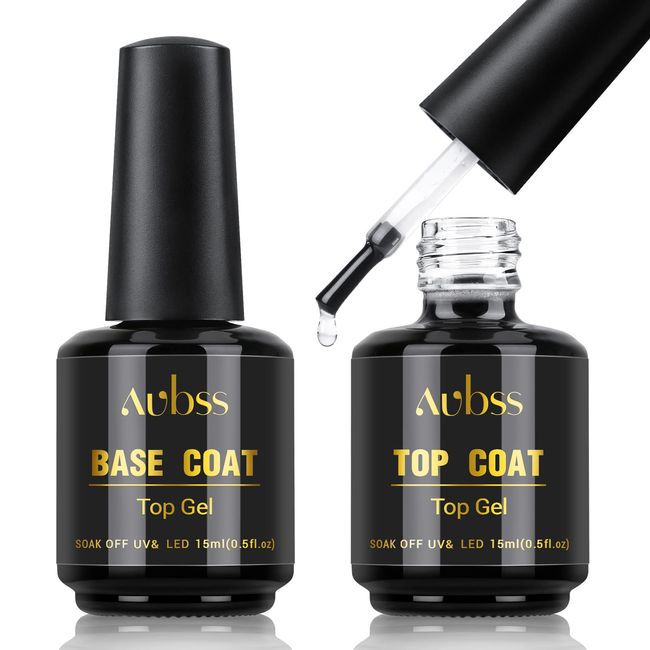 Base and Top Coat Gel Nail Polish, 2x15ML Soak Off UV LED No Wipe Top Coat and Base Coat Set Glossy Shine Finish Long Lasting for DIY Home Use