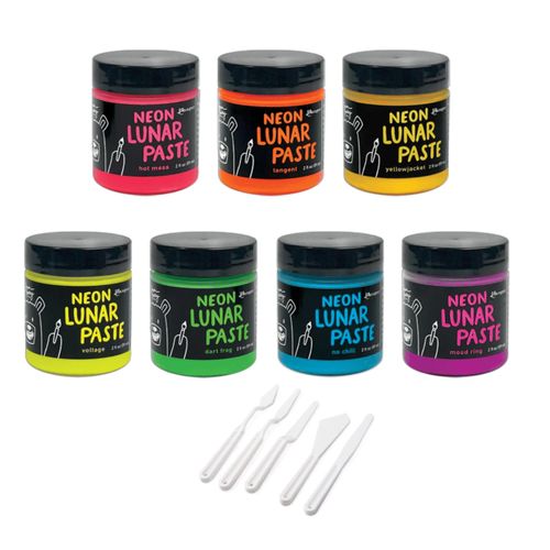 Ranger Ink Simon Hurley Neon Lunar Paste Bundle of 7 Colors, Yellowjacket, Dart Frog, Tangent, No Chill, Voltage, Hot Mess, Mood Ring, Carnora Palette Knife Set, CAR3SIMONHURLEYNEON, Small