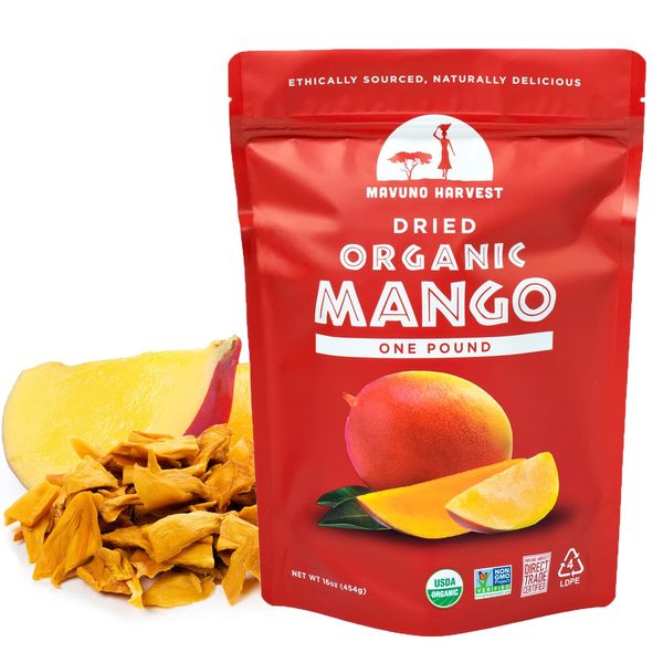 Mavuno Harvest Mango Dried Fruit Snacks | Unsweetened Organic Dried Mango Slices | Gluten Free Healthy Snacks for Kids and Adults | Vegan, Non GMO, Direct Trade | 1 Pound Resalable Bag