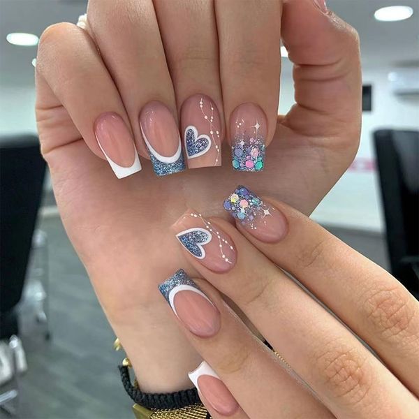 24pcs Medium Square False Nails French White Tip Stick on Nails Glitter Blue Heart Press on Nails Removable Glue-on Nails Full Cover Fake Nails Women Girls Nail Art Accessories