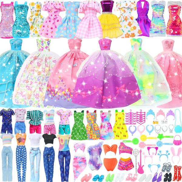 BJDBUS 47 Pcs Doll Clothes and Accessories, 2 Wedding Gowns 4 Fashion Dresses 2 Tops 2 Pants Outfits 2 Swimsuits Bikini 10 Shoes 10 Hangers 17 Doll Stuffers Accessories for 11.5 inch Girl Doll