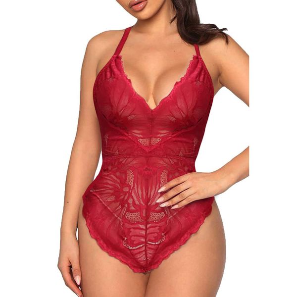 EVELIFE Women Sexy Lingerie Lace Bodysuit One Piece Teddy Lingerie Bodysuit Snap Crotch Underwear(Wine red L)