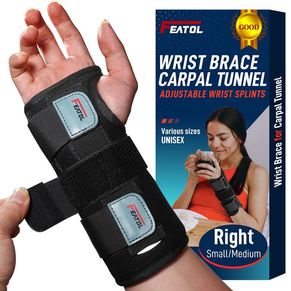 FEATOL Wrist Brace for Carpal Tunnel, Adjustable Night Wrist Support Brace with Splints Right Hand, Small/Medium, Hand Support for Arthritis, Tendonitis, Sprain, Injuries, Wrist Pain