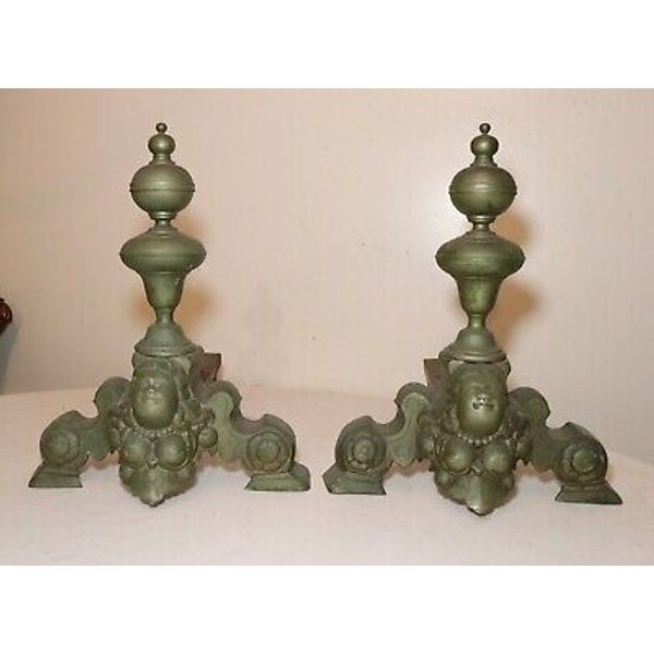 pair of 2 antique ornate Victorian nude lady brass cast iron fireplace andirons