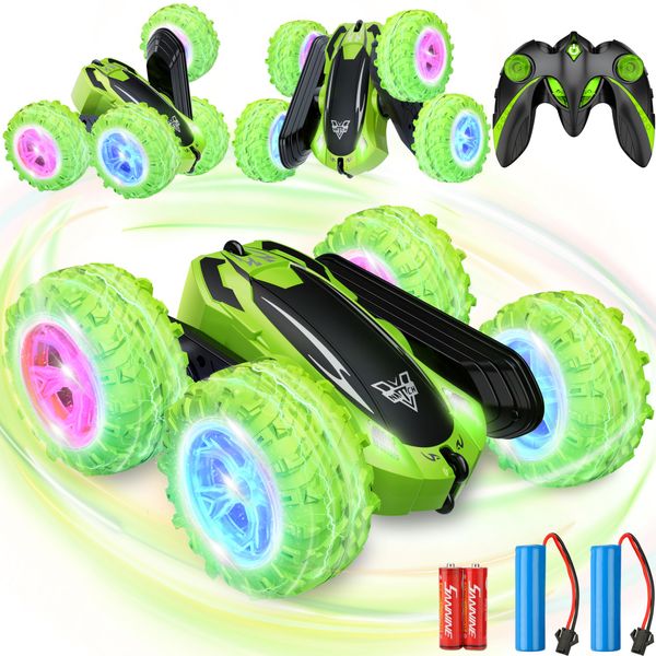 KKONES Remote Control Car, 2.4GHz Electric Race Stunt Car, Double Sided 360° Rolling Rotating Rotation, LED Headlights RC 4WD High Speed Off Road Gift for 3 4 5 6 7 8-12 Year Old Boy Toys (Green)