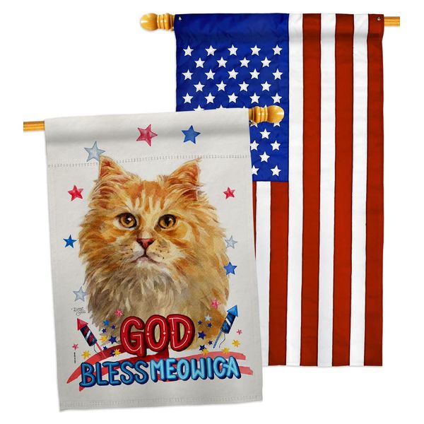 Breeze Decor Patriotic Ginger Long Hair House Flag Pack Cat Kitten Meow Spoiled Paw Fur Pet Nature Farm Animal Creature Applique Banner Small Garden Yard Gift Double-Sided, Made in USA