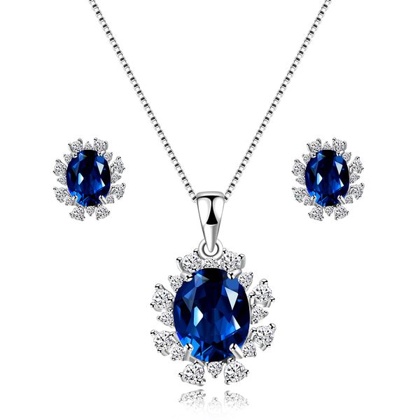 Womens 925 Sterling Silver Oval Cut Blue Corundum Sapphire Necklace and Stud Earrings Birthstone Jewelry Set for Wedding Engagment FT023