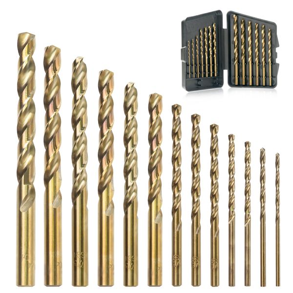 GMTOOLS 13Pcs Cobalt Drill Bits Set, M35 HSS 135 Degree Tip, Twist Jobber Length Drill Bit Kit for Hardened Metal, Cast Iron, Stainless Steel, Plastic and Wood with Storage Case 1/16"-1/4"